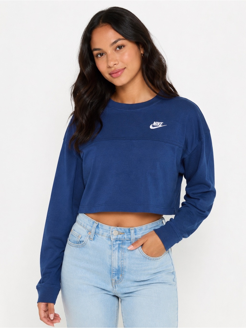 Nike Navy Blue Cropped Long Sleeve Top Women’s Small White Swoosh